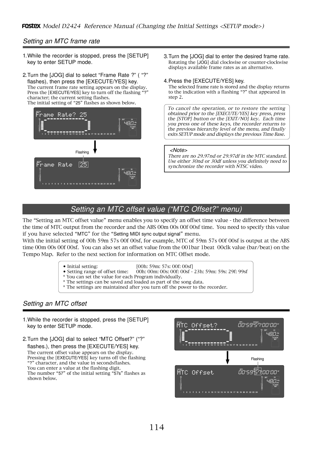 Fostex D2424 manual Setting an MTC offset value MTC Offset? menu, 114, Setting an MTC frame rate 