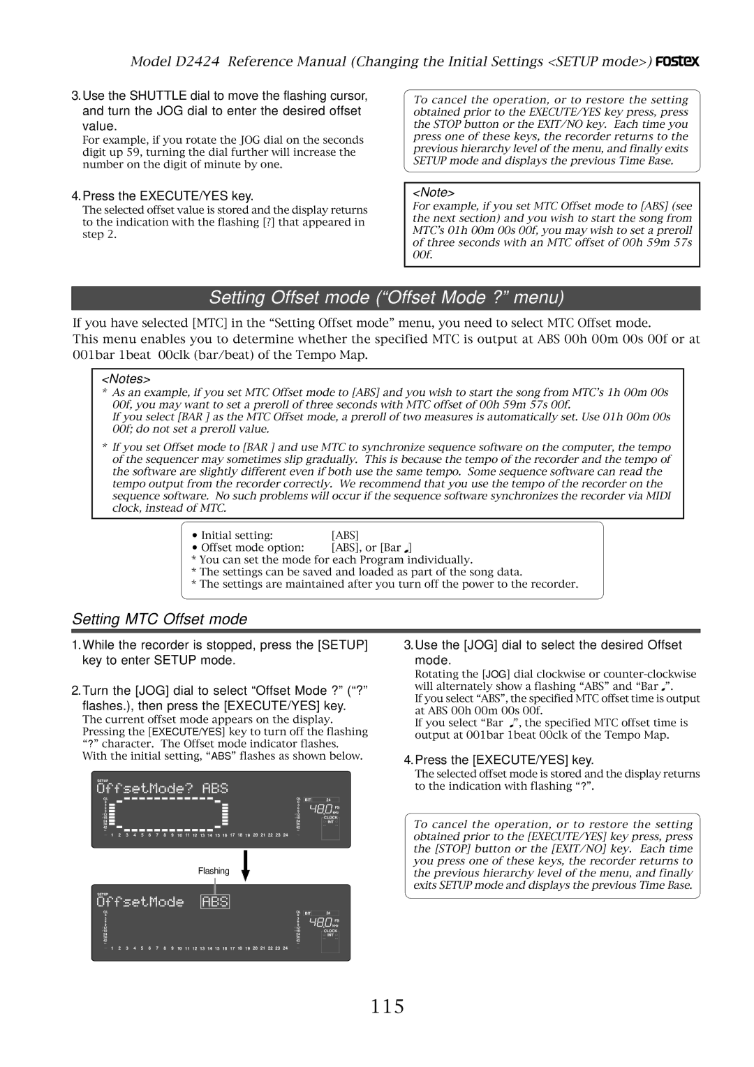 Fostex D2424 manual Setting Offset mode Offset Mode ? menu, 115, Setting MTC Offset mode 