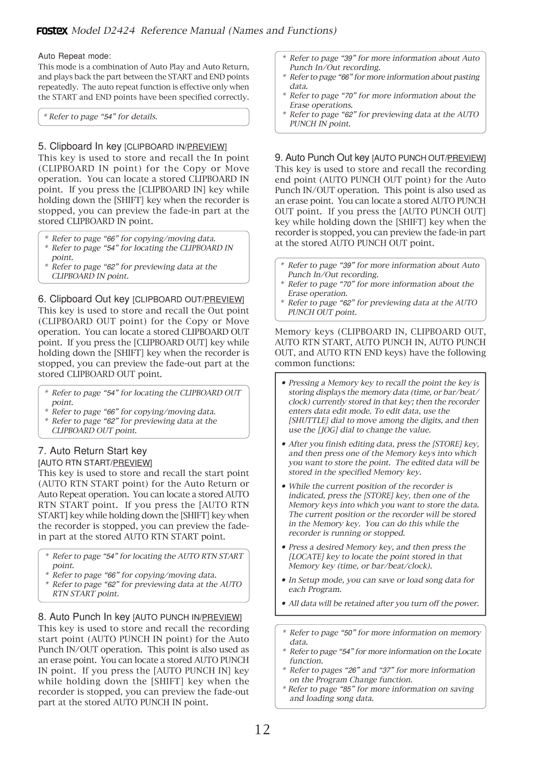 Fostex D2424 manual Clipboard In key Clipboard IN/PREVIEW, Clipboard Out key Clipboard OUT/PREVIEW, Auto Return Start key 