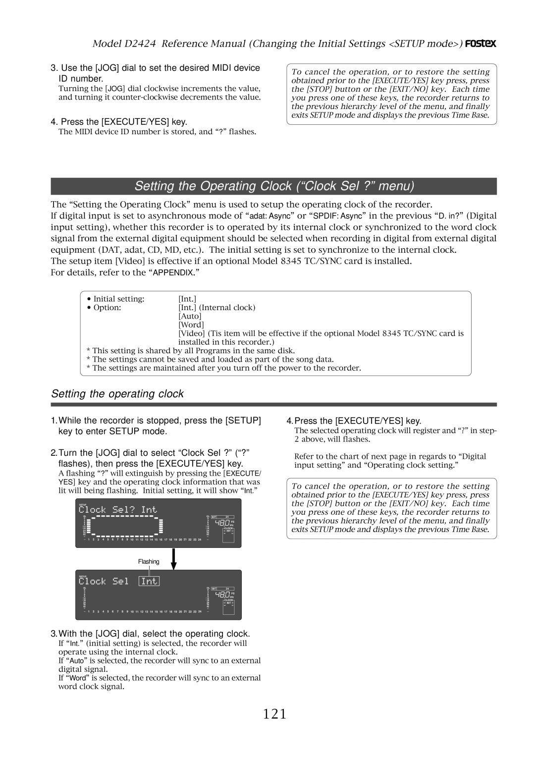 Fostex D2424 manual Setting the Operating Clock Clock Sel ? menu, 121, Setting the operating clock 