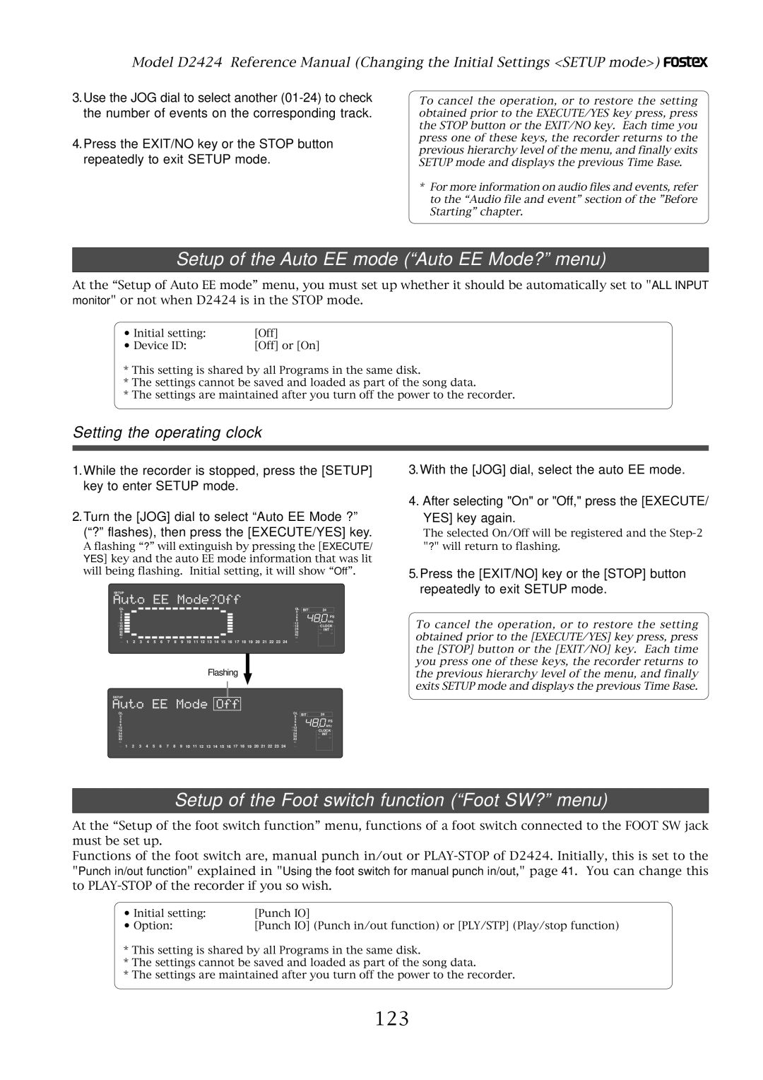 Fostex D2424 manual Setup of the Auto EE mode Auto EE Mode? menu, Setup of the Foot switch function Foot SW? menu, 123 