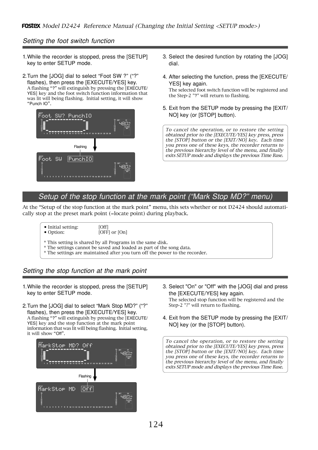 Fostex D2424 manual 124, Setting the foot switch function, Setting the stop function at the mark point 