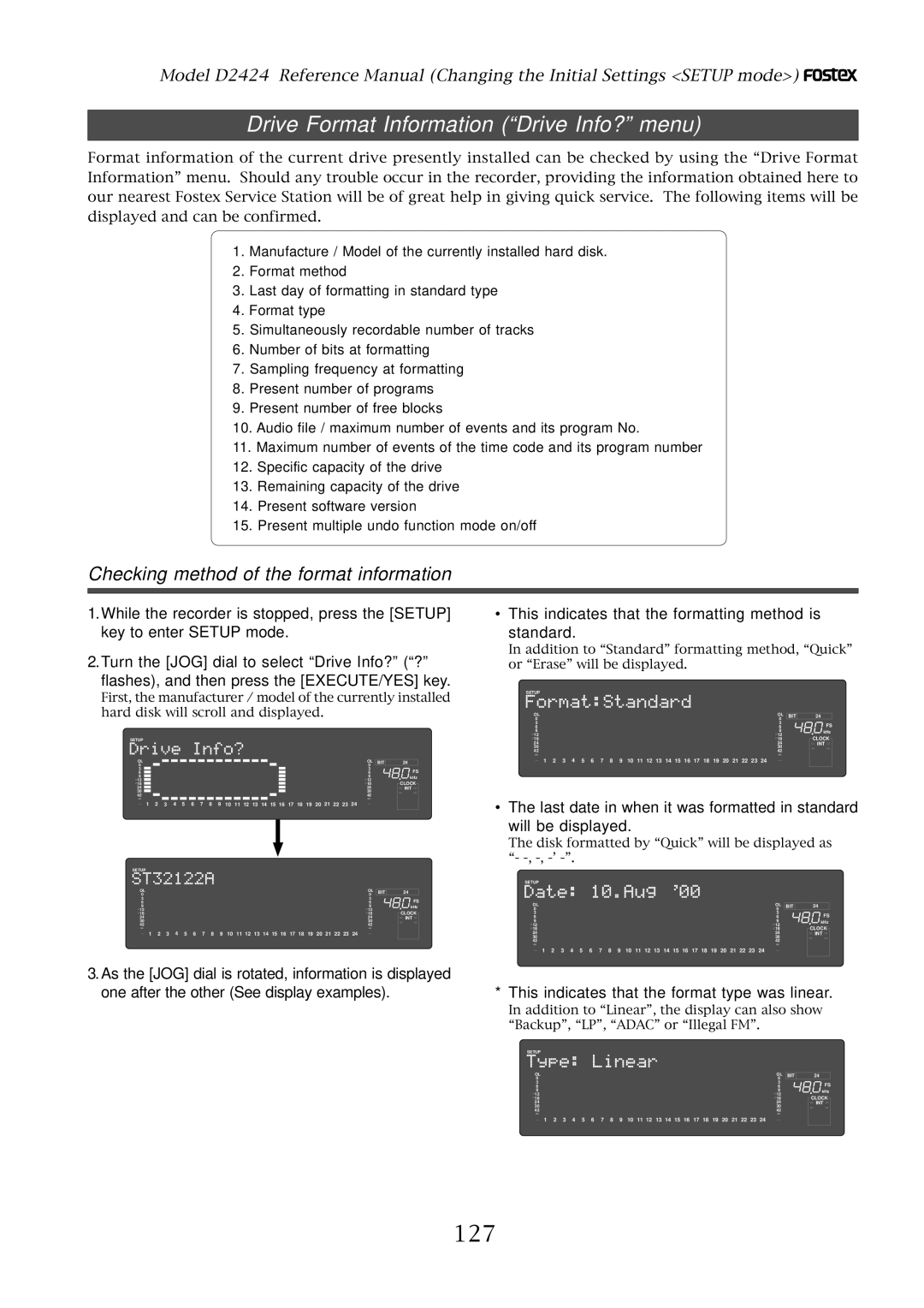 Fostex D2424 manual Drive Format Information Drive Info? menu, 127, Checking method of the format information 