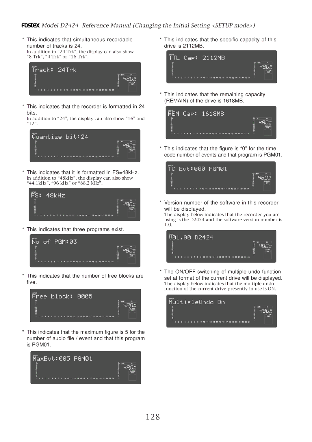 Fostex D2424 manual 128, This indicates that the recorder is formatted in 24 bits, This indicates that three programs exist 