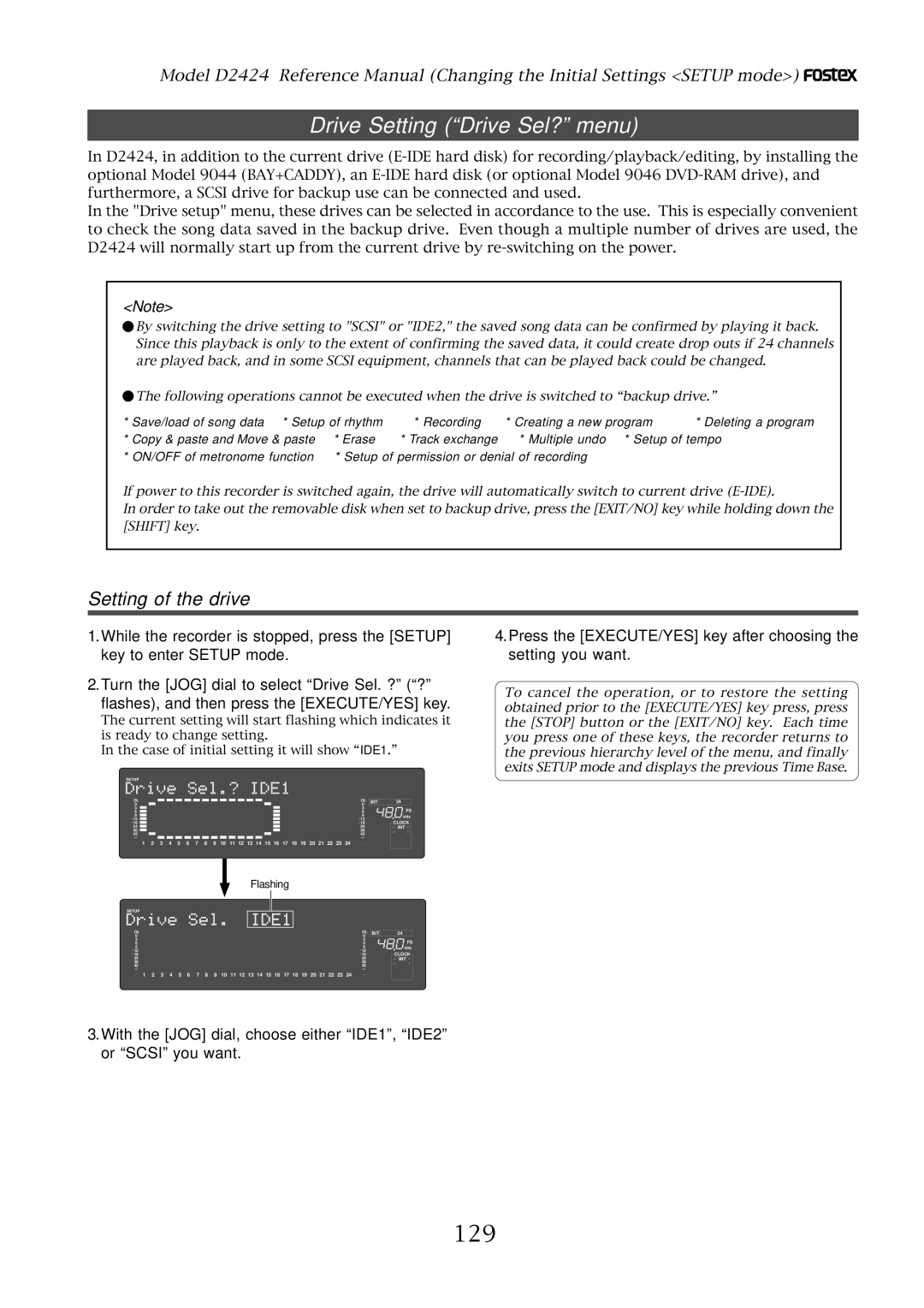 Fostex D2424 manual Drive Setting Drive Sel? menu, 129, Setting of the drive 