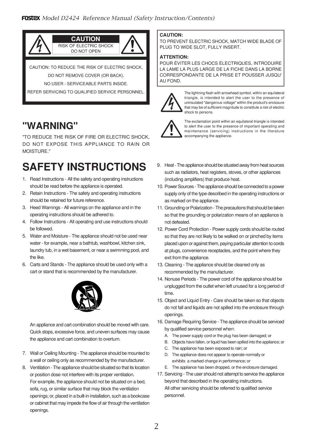 Fostex D2424 manual Safety Instructions 