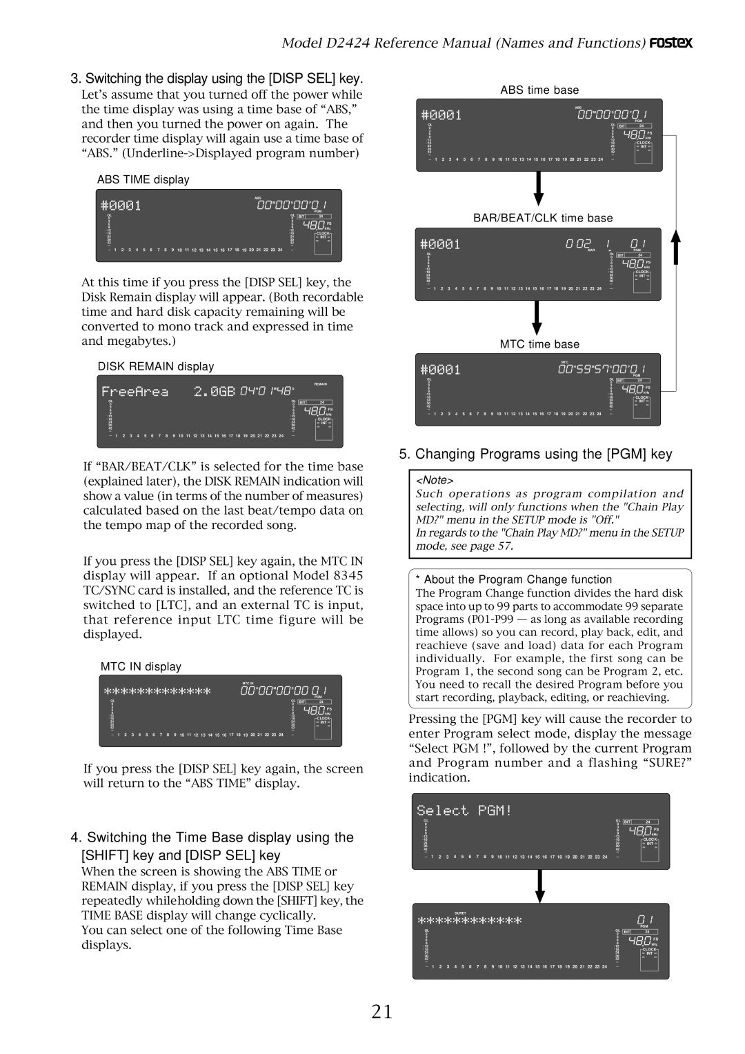 Fostex D2424 manual Switching the display using the Disp SEL key, Changing Programs using the PGM key 