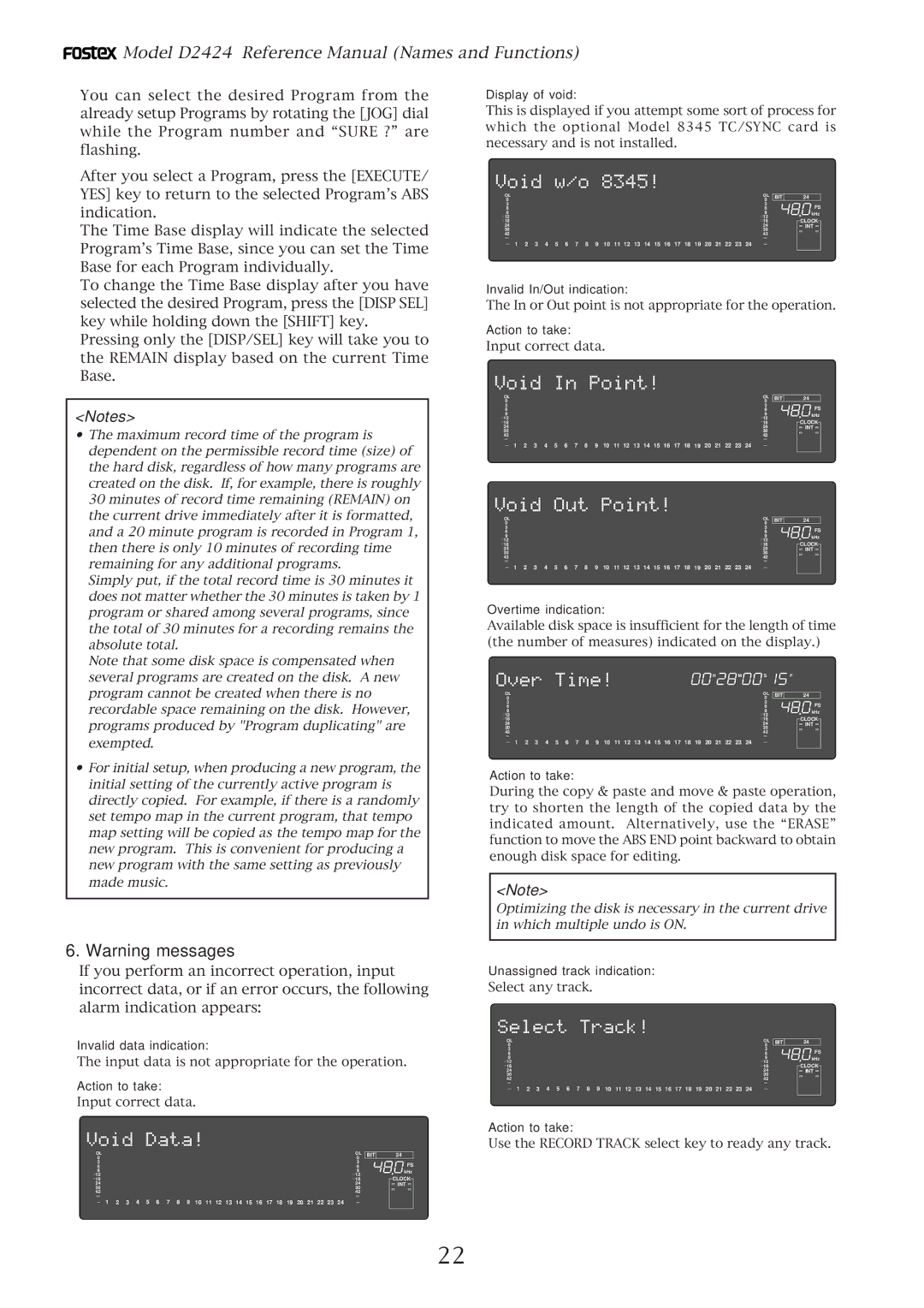 Fostex D2424 Display of void, Invalid In/Out indication, Action to take, Overtime indication, Invalid data indication 