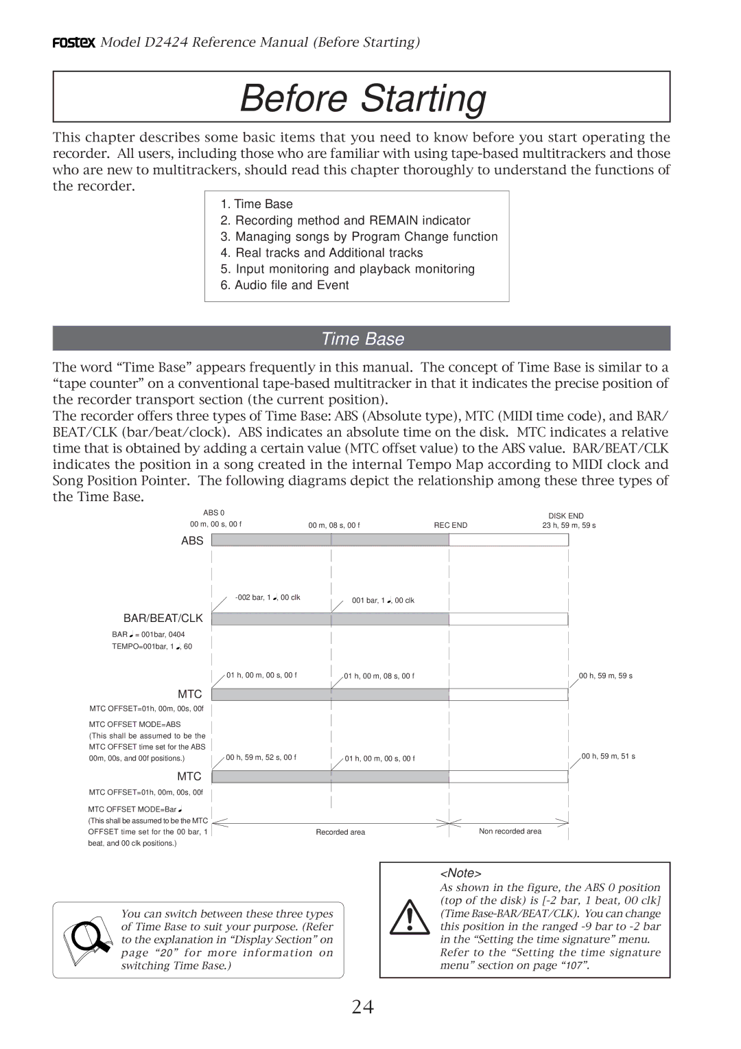 Fostex D2424 manual Before Starting, Time Base 