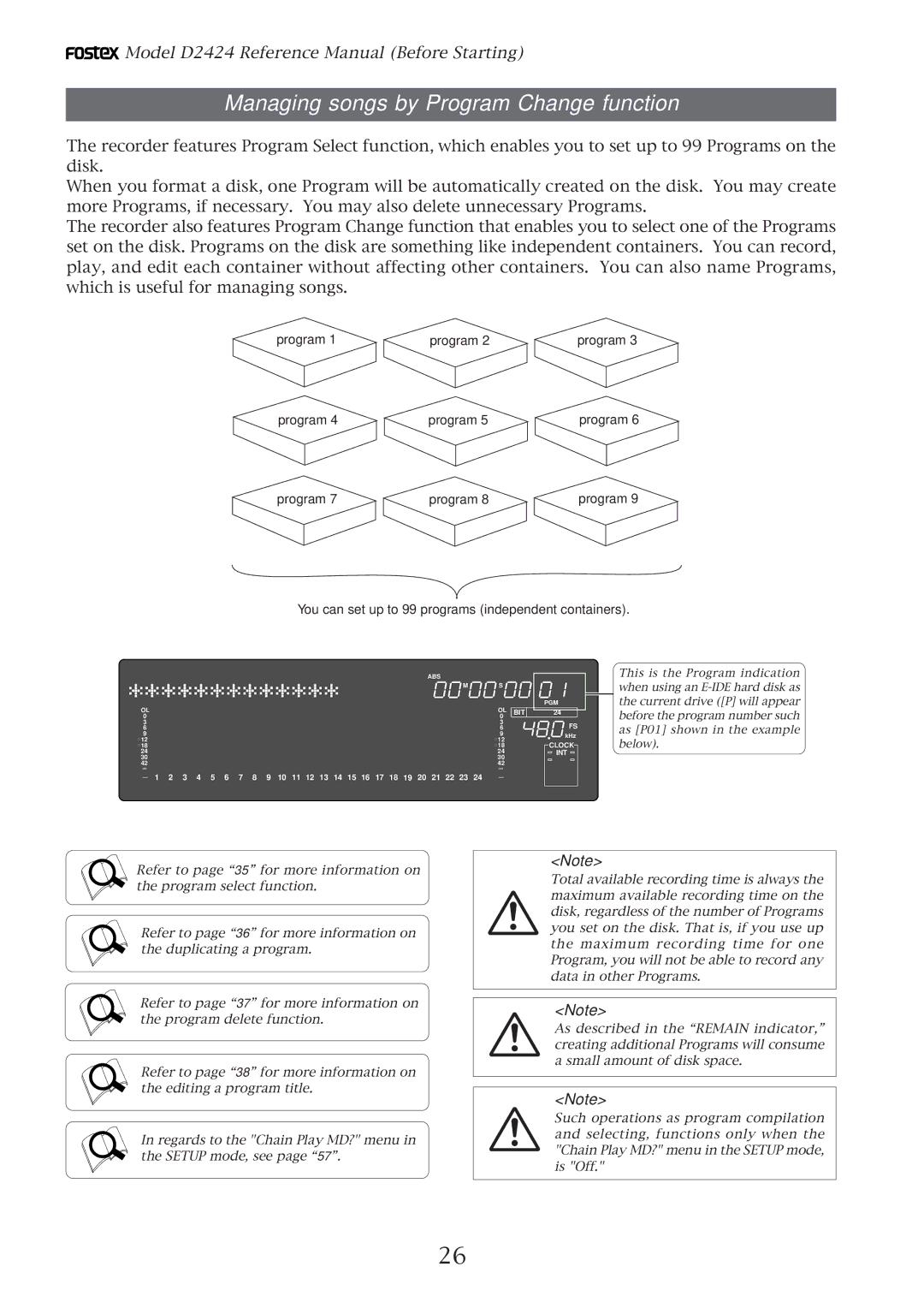 Fostex D2424 manual Managing songs by Program Change function, Program You can set up to 99 programs independent containers 