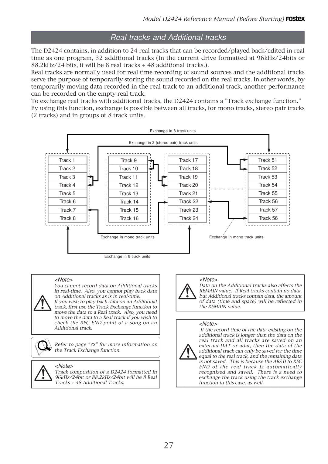 Fostex D2424 manual Real tracks and Additional tracks, Track 