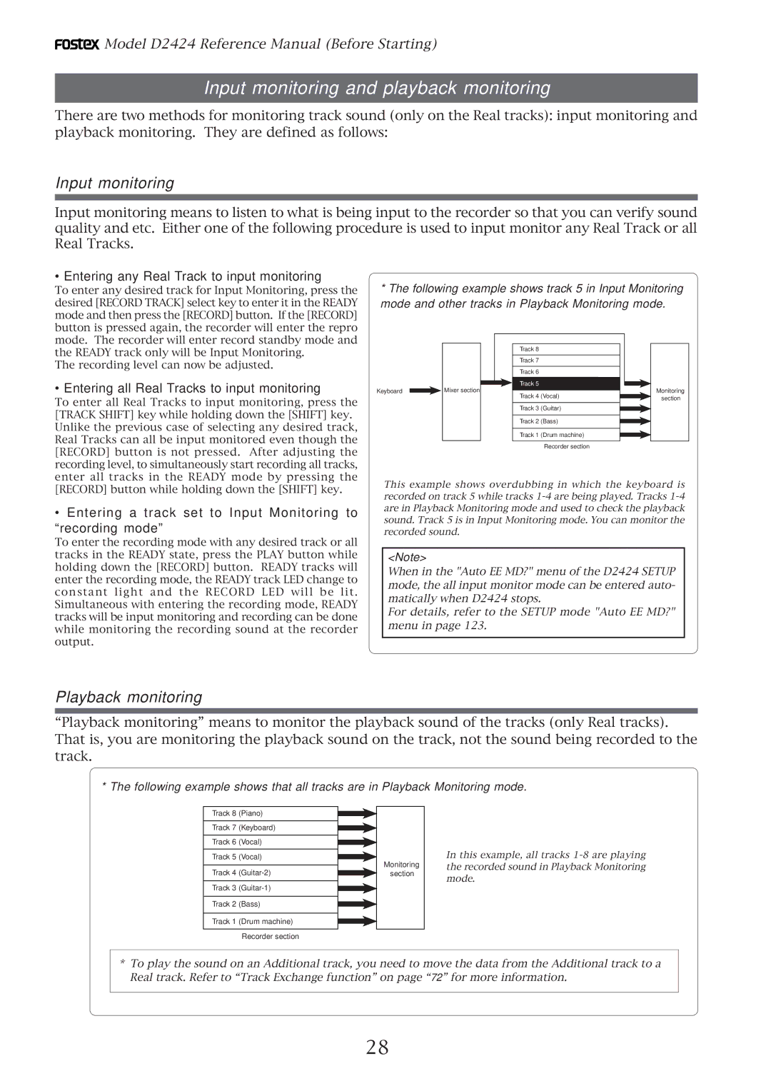 Fostex D2424 manual Input monitoring and playback monitoring, Playback monitoring 