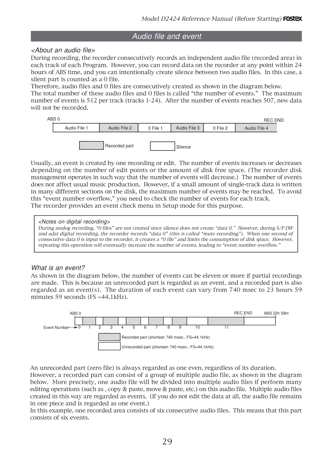 Fostex D2424 manual Audio file and event, About an audio file, What is an event?, Audio File Recorded part Silence 