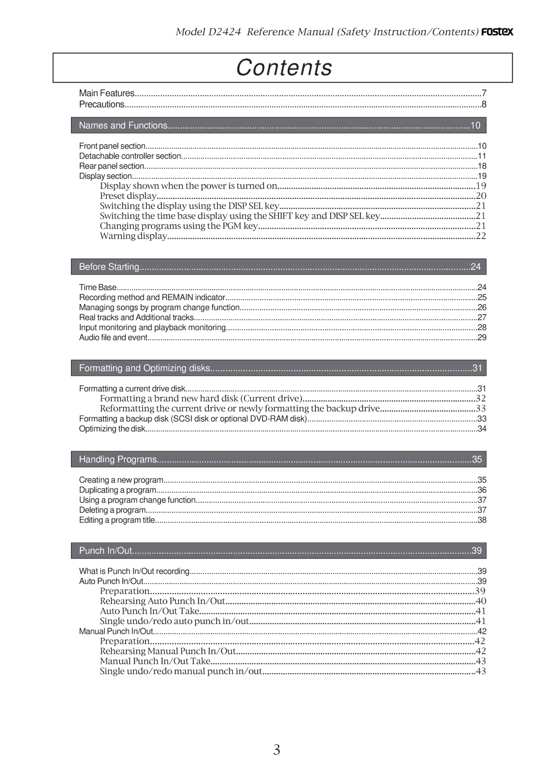 Fostex D2424 manual Contents 