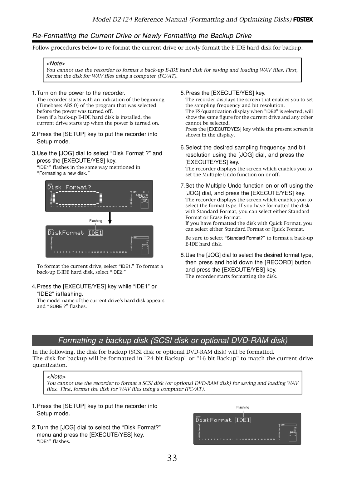 Fostex D2424 manual Formatting a backup disk Scsi disk or optional DVD-RAM disk 