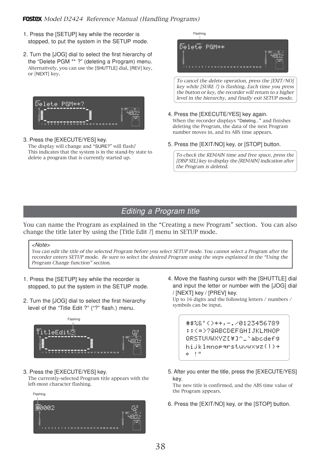 Fostex D2424 manual Editing a Program title, After you enter the title, press the EXECUTE/YES key 