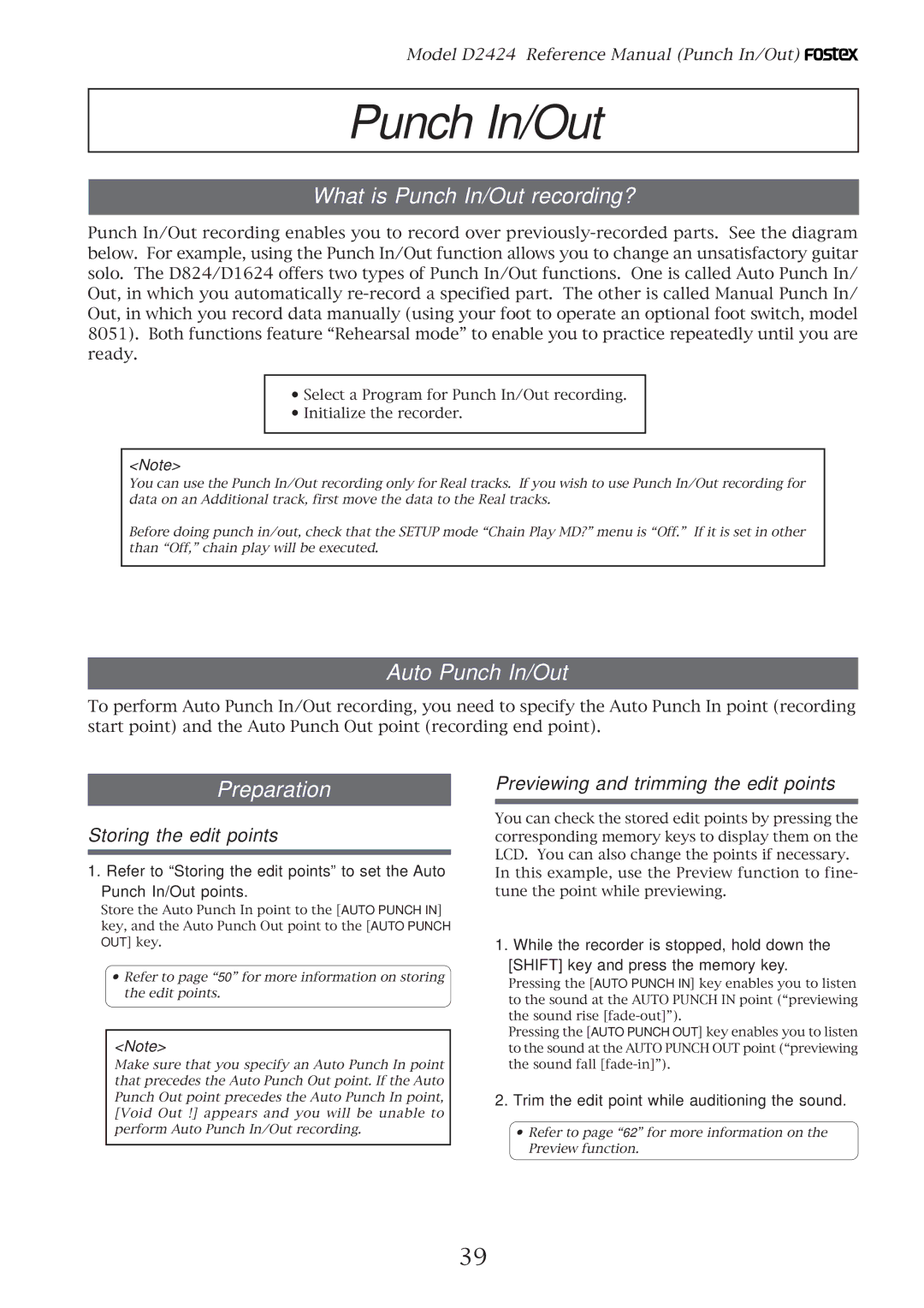 Fostex D2424 manual What is Punch In/Out recording?, Auto Punch In/Out, Preparation, Storing the edit points 