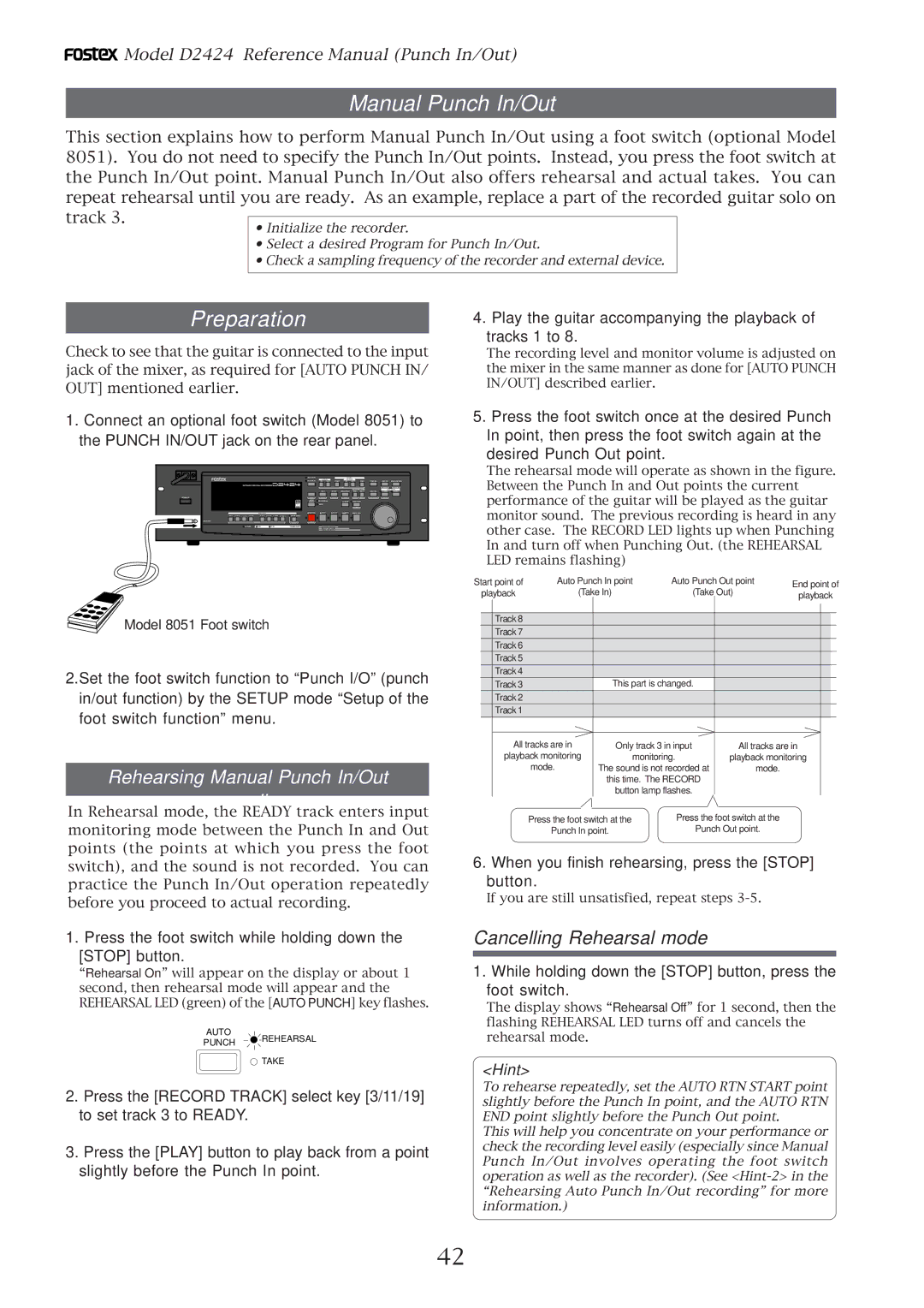 Fostex D2424 manual Manual Punch In/Out, Cancelling Rehearsal mode 