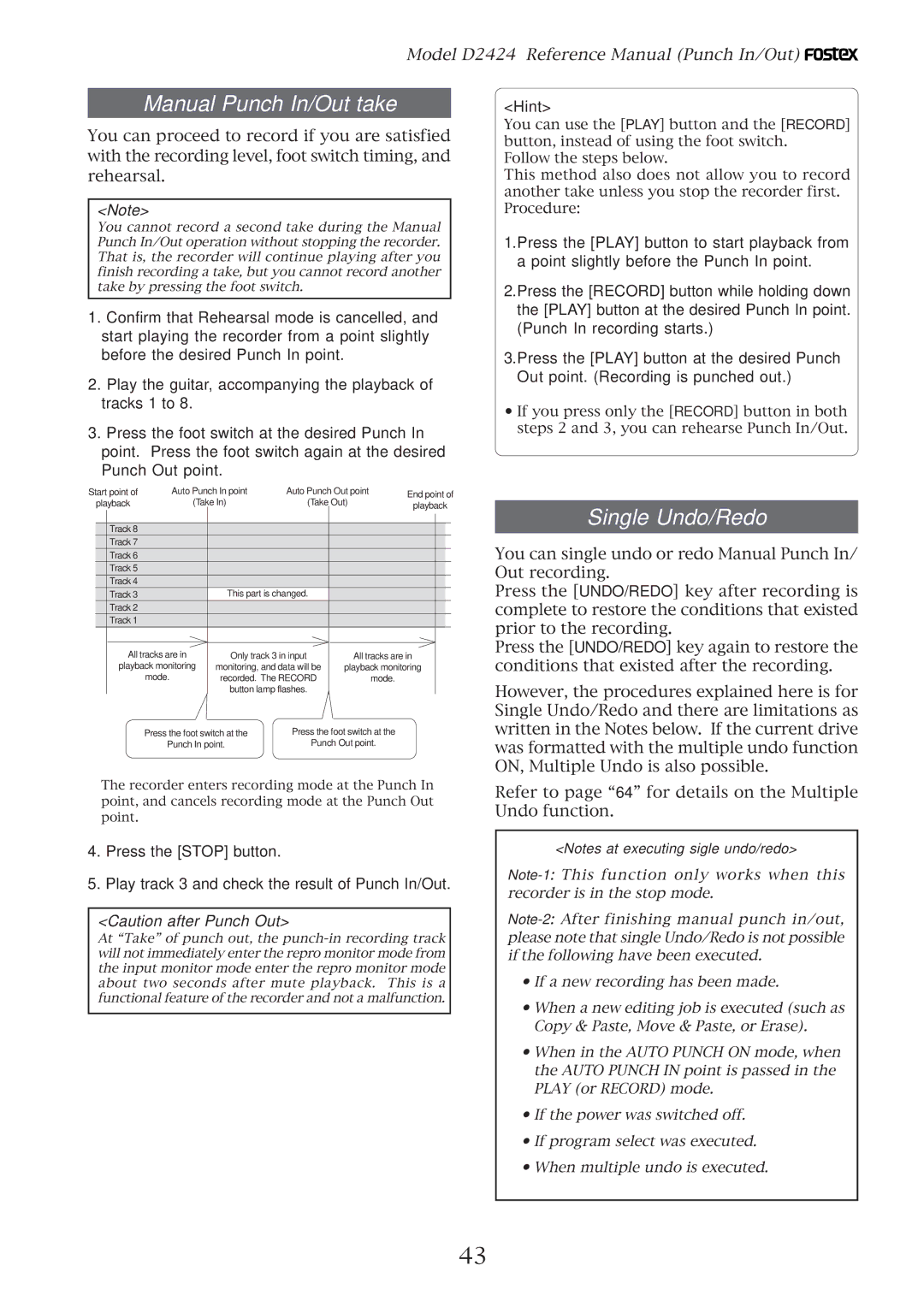 Fostex D2424 manual Manual Punch In/Out take, Single Undo/Redo, Hint 