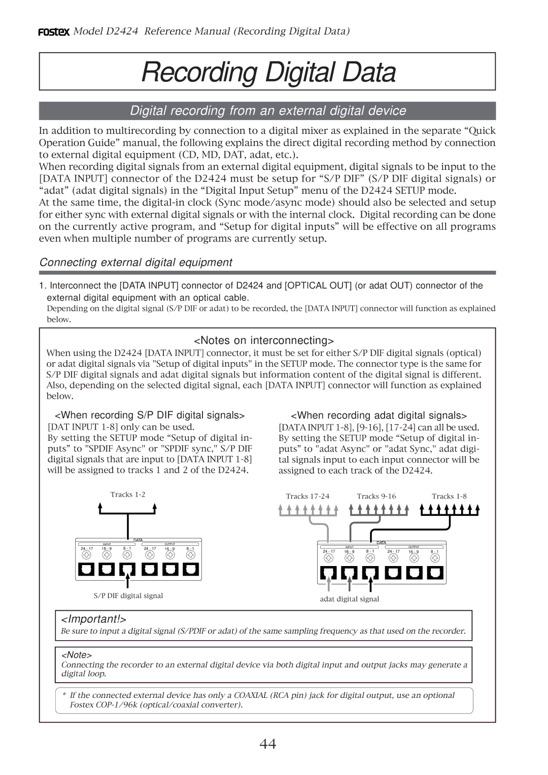 Fostex D2424 manual Digital recording from an external digital device, Connecting external digital equipment 