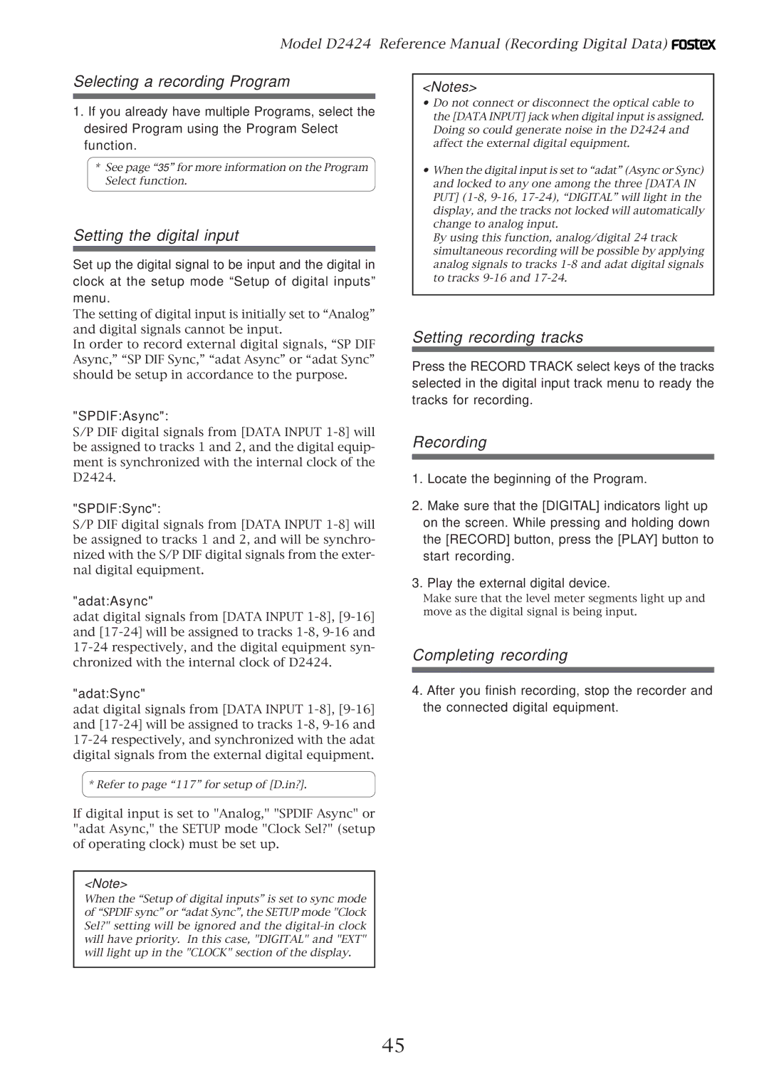Fostex D2424 manual Selecting a recording Program, Setting the digital input, Setting recording tracks, Recording 