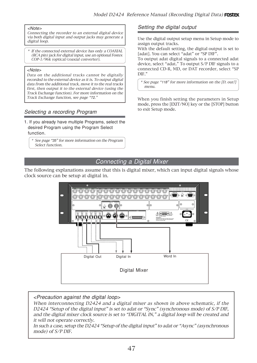 Fostex D2424 Connecting a Digital Mixer, Setting the digital output, Precaution against the digital loop, Digital Out Word 