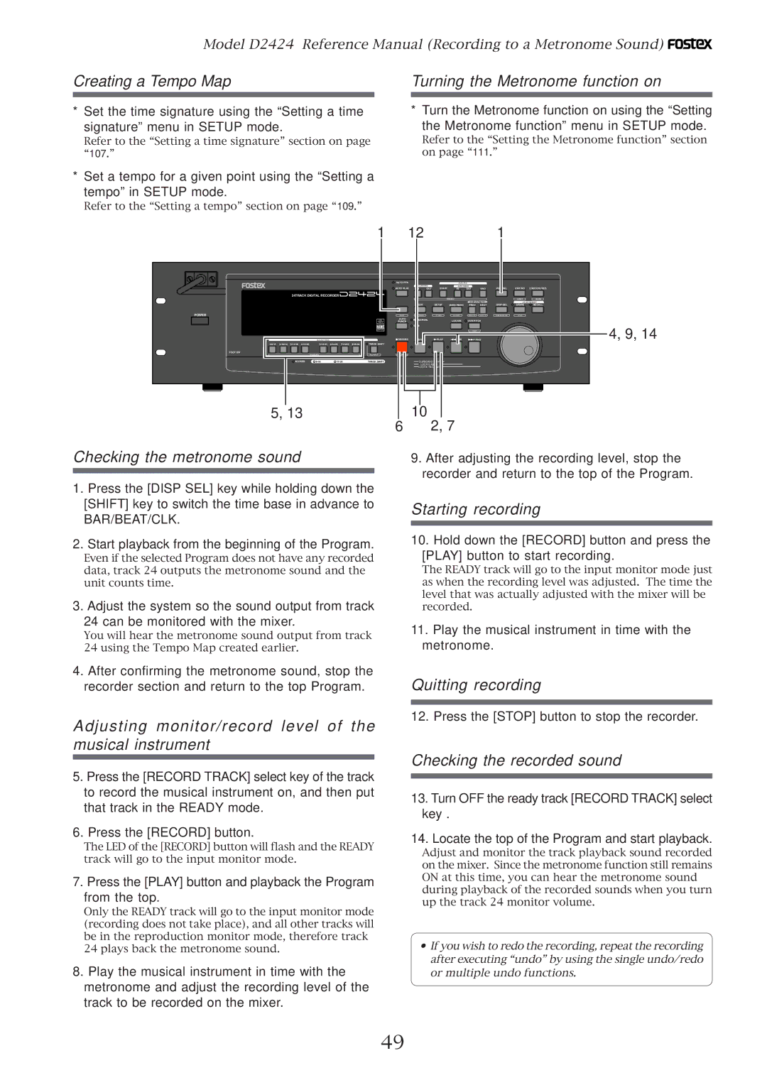 Fostex D2424 Creating a Tempo Map, Turning the Metronome function on, Checking the metronome sound, Starting recording 