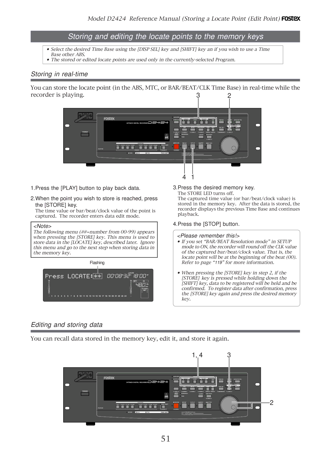 Fostex D2424 Storing and editing the locate points to the memory keys, Storing in real-time, Editing and storing data 