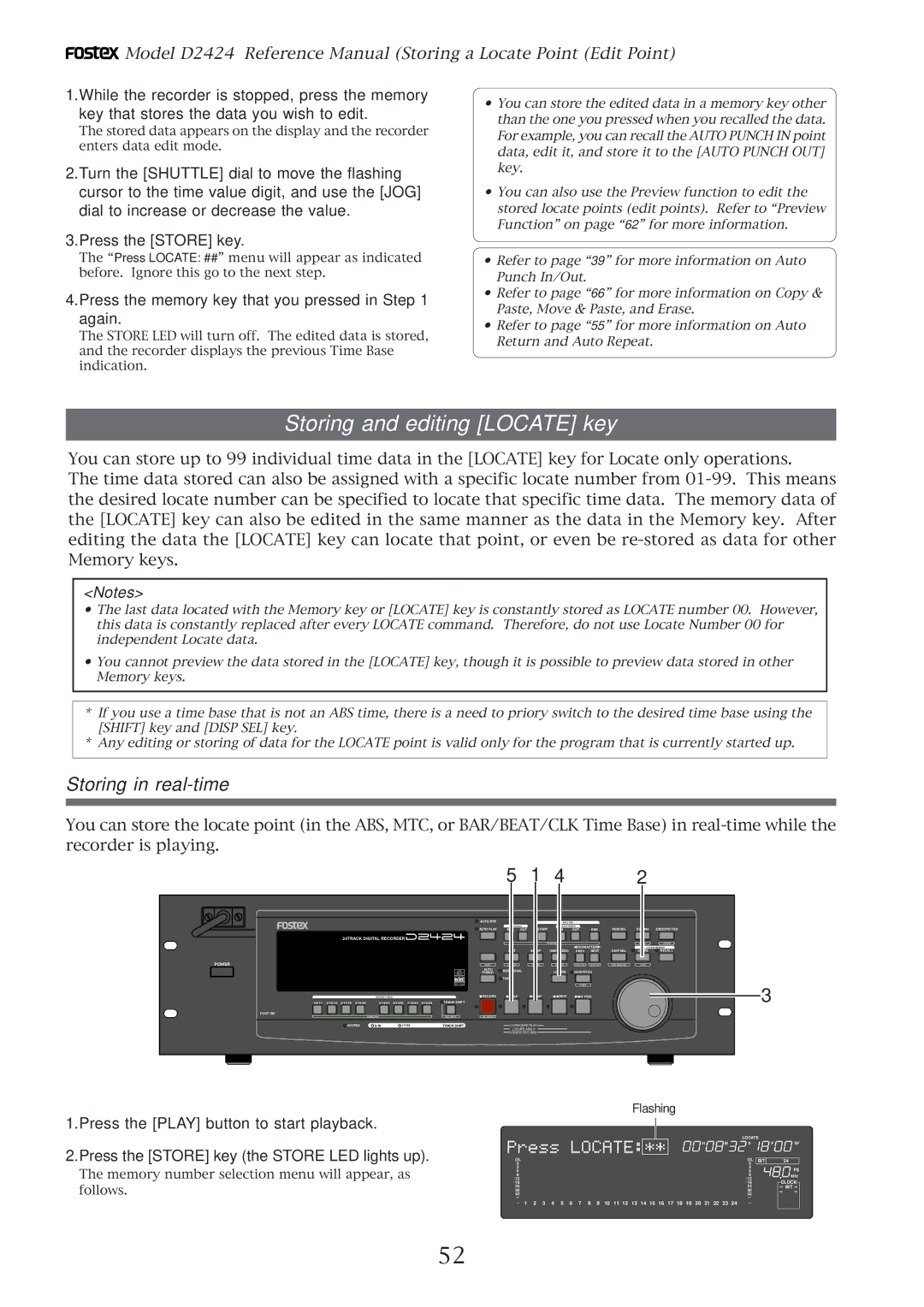 Fostex D2424 manual Storing and editing Locate key, Press the Store key, Press the memory key that you pressed in again 