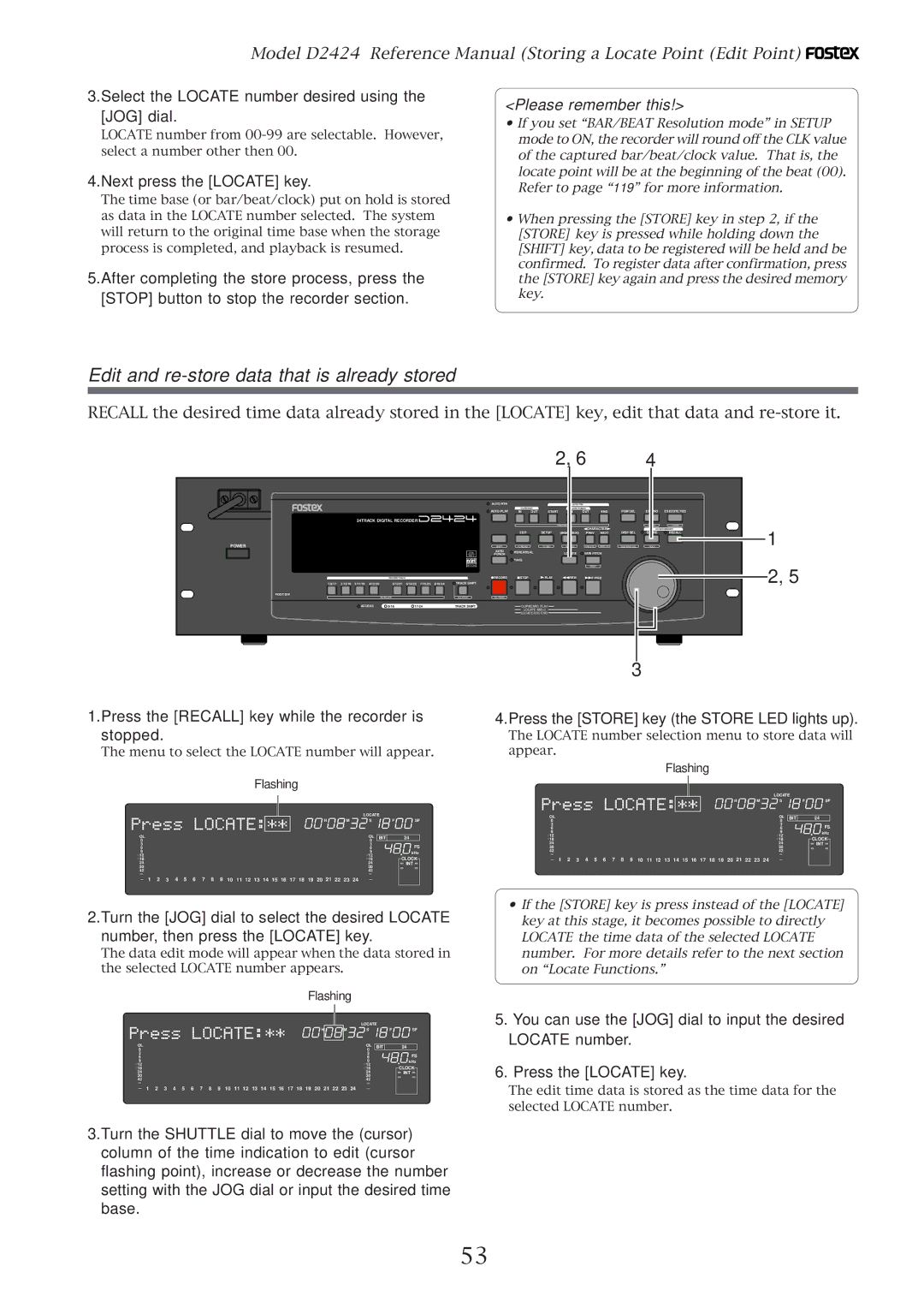 Fostex D2424 manual Edit and re-store data that is already stored, Select the Locate number desired using the JOG dial 