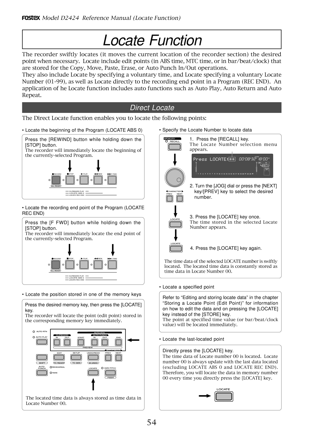 Fostex D2424 manual Direct Locate, Press the Locate key again, Locate the last-located point Directly press the Locate key 