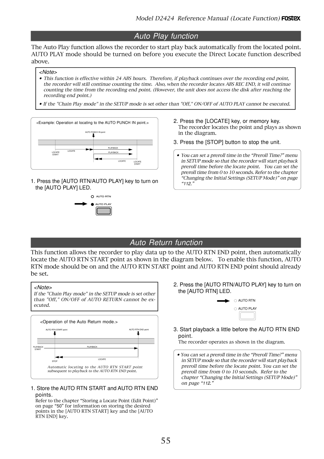Fostex D2424 manual Auto Play function, Auto Return function, Press the Locate key, or memory key 