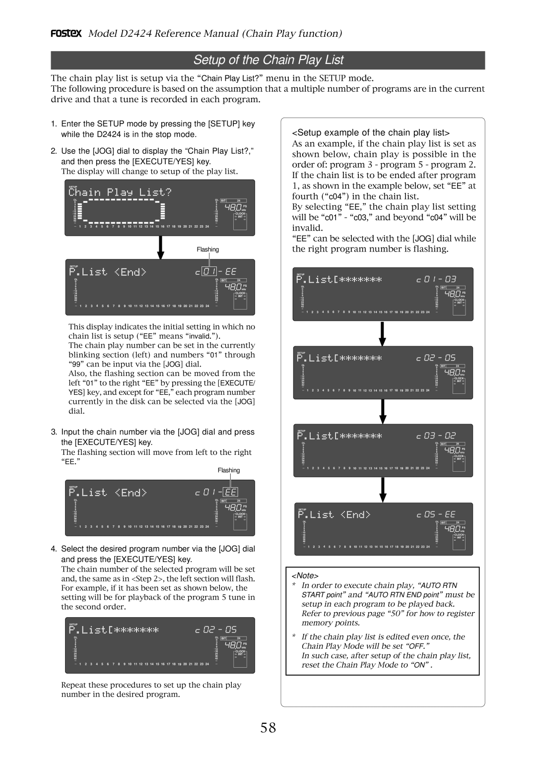 Fostex D2424 manual Setup of the Chain Play List, Setup example of the chain play list 