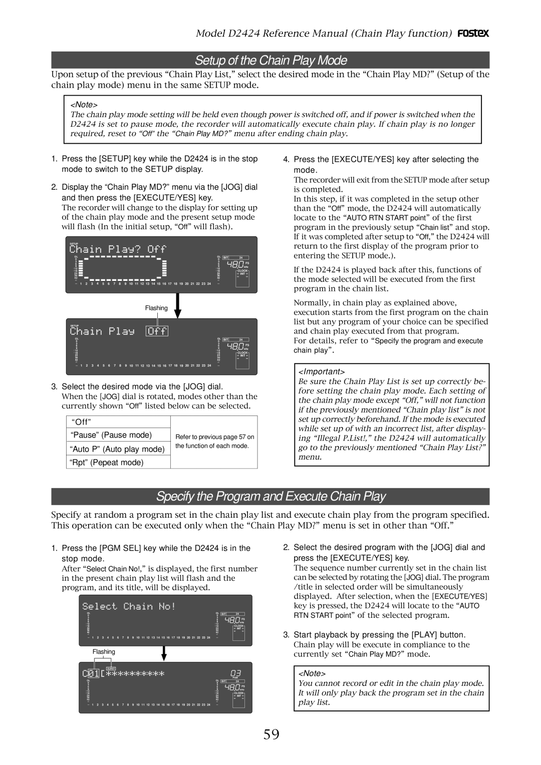 Fostex D2424 manual Setup of the Chain Play Mode, Specify the Program and Execute Chain Play 