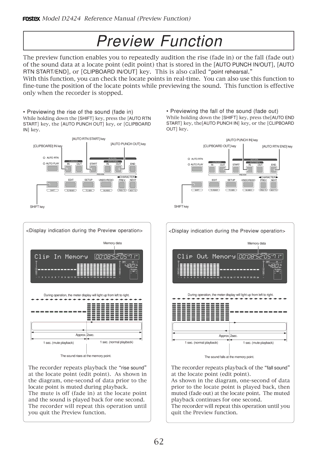 Fostex D2424 manual Previewing the rise of the sound fade, Previewing the fall of the sound fade out 