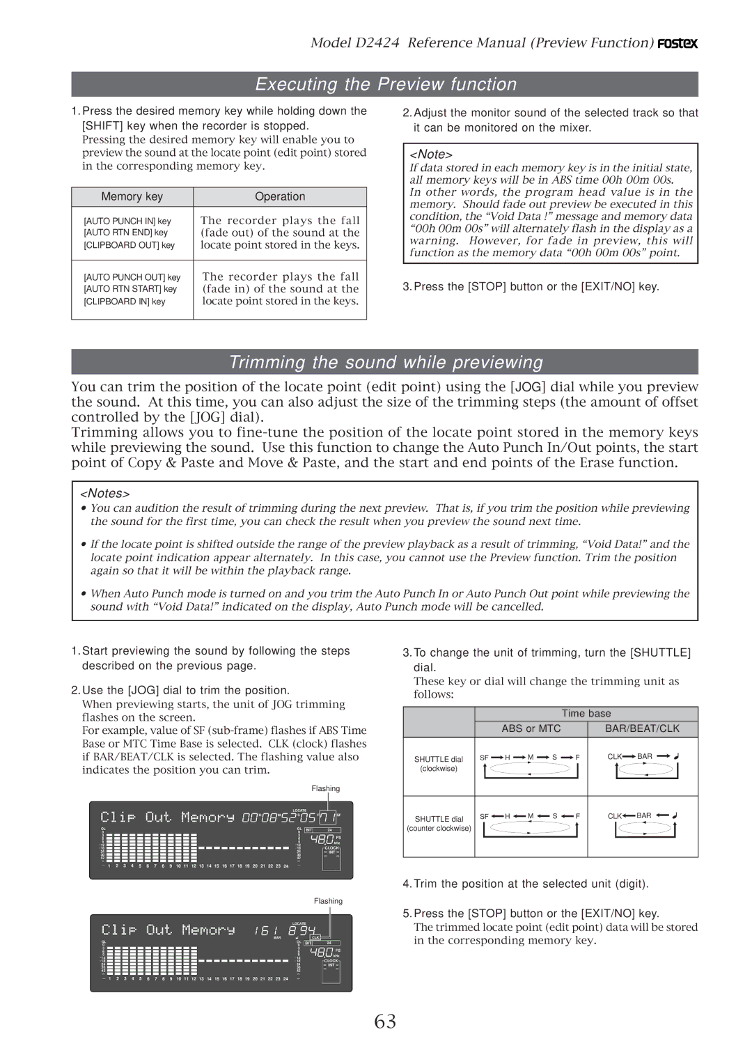 Fostex D2424 manual Executing the Preview function, Trimming the sound while previewing, Memory key Operation 