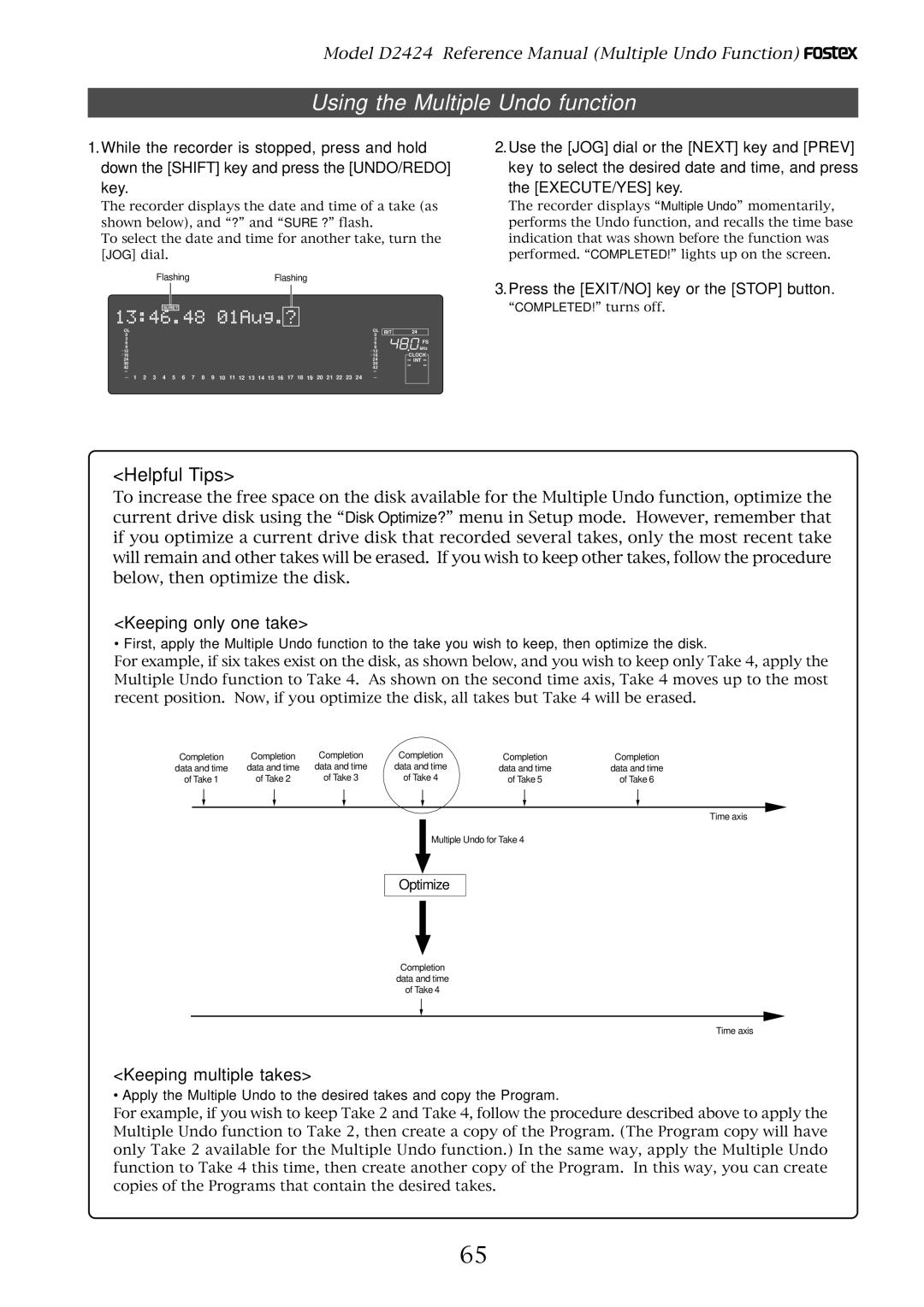 Fostex D2424 manual Using the Multiple Undo function, Keeping only one take, Keeping multiple takes, Optimize 