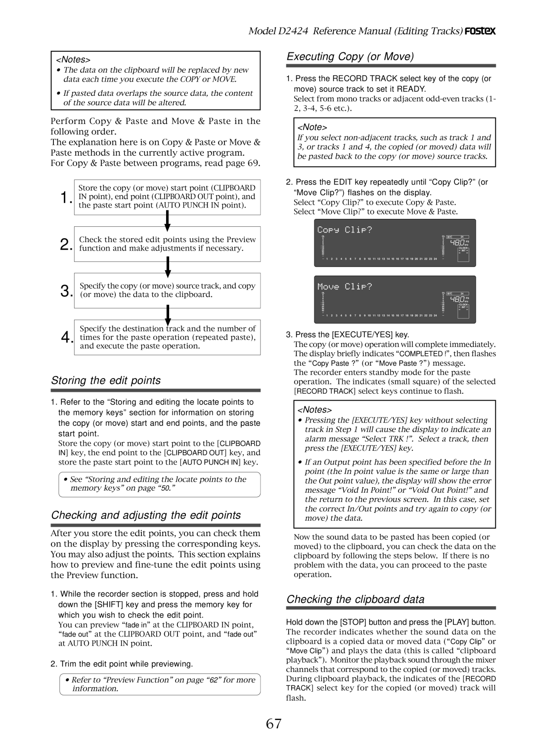 Fostex D2424 manual Executing Copy or Move, Checking and adjusting the edit points, Checking the clipboard data 