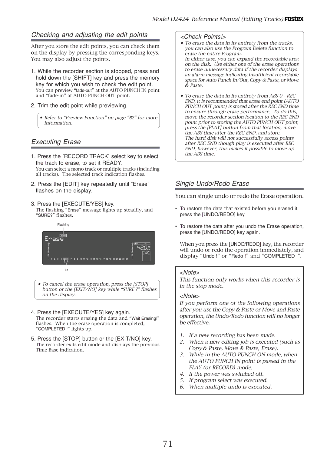 Fostex D2424 manual Executing Erase, Single Undo/Redo Erase, Trim the edit point while previewing 