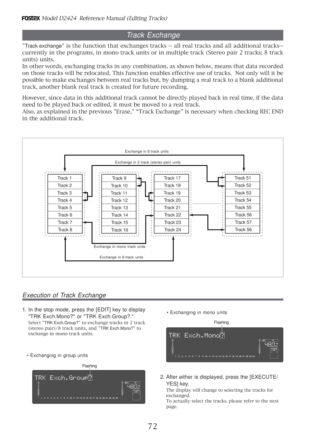 Fostex D2424 Execution of Track Exchange, Stop mode, press the Edit key to display, TRK Exch.Mono? or TRK Exch.Group? 