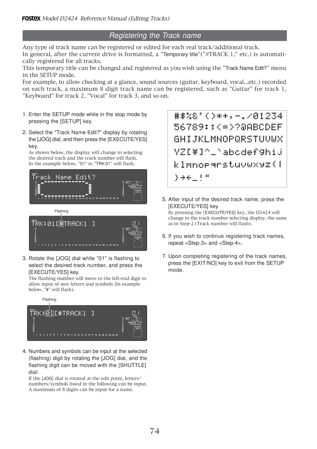 Fostex D2424 manual Registering the Track name 