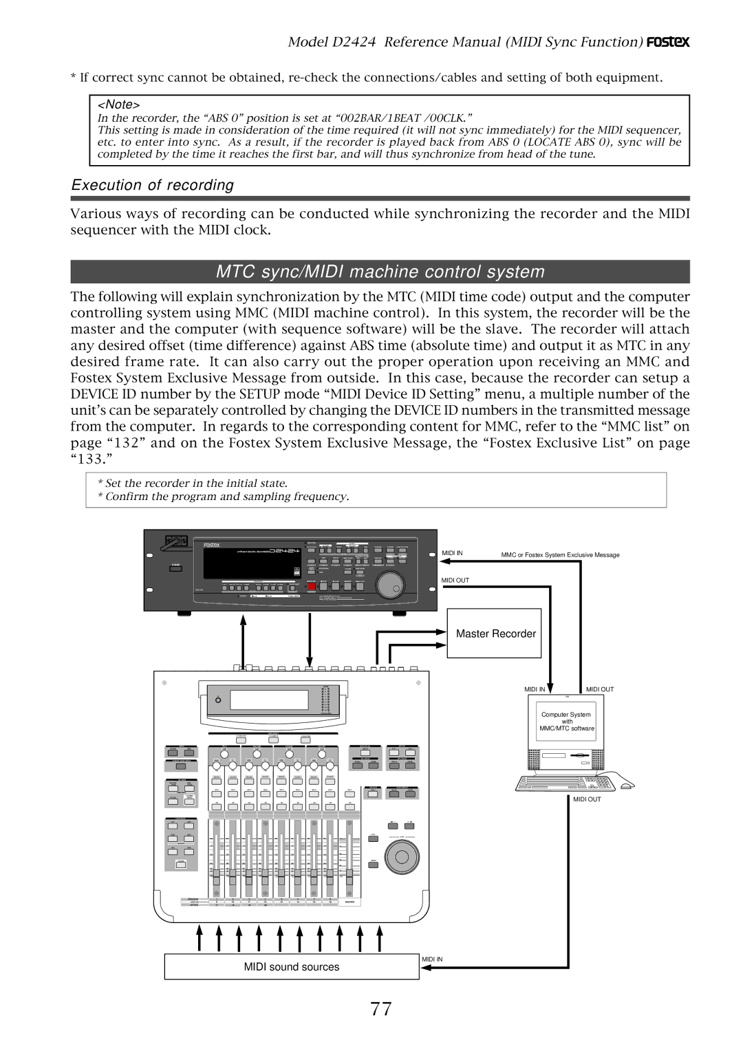 Fostex D2424 manual MTC sync/MIDI machine control system, Execution of recording, Master Recorder, Midi sound sources 