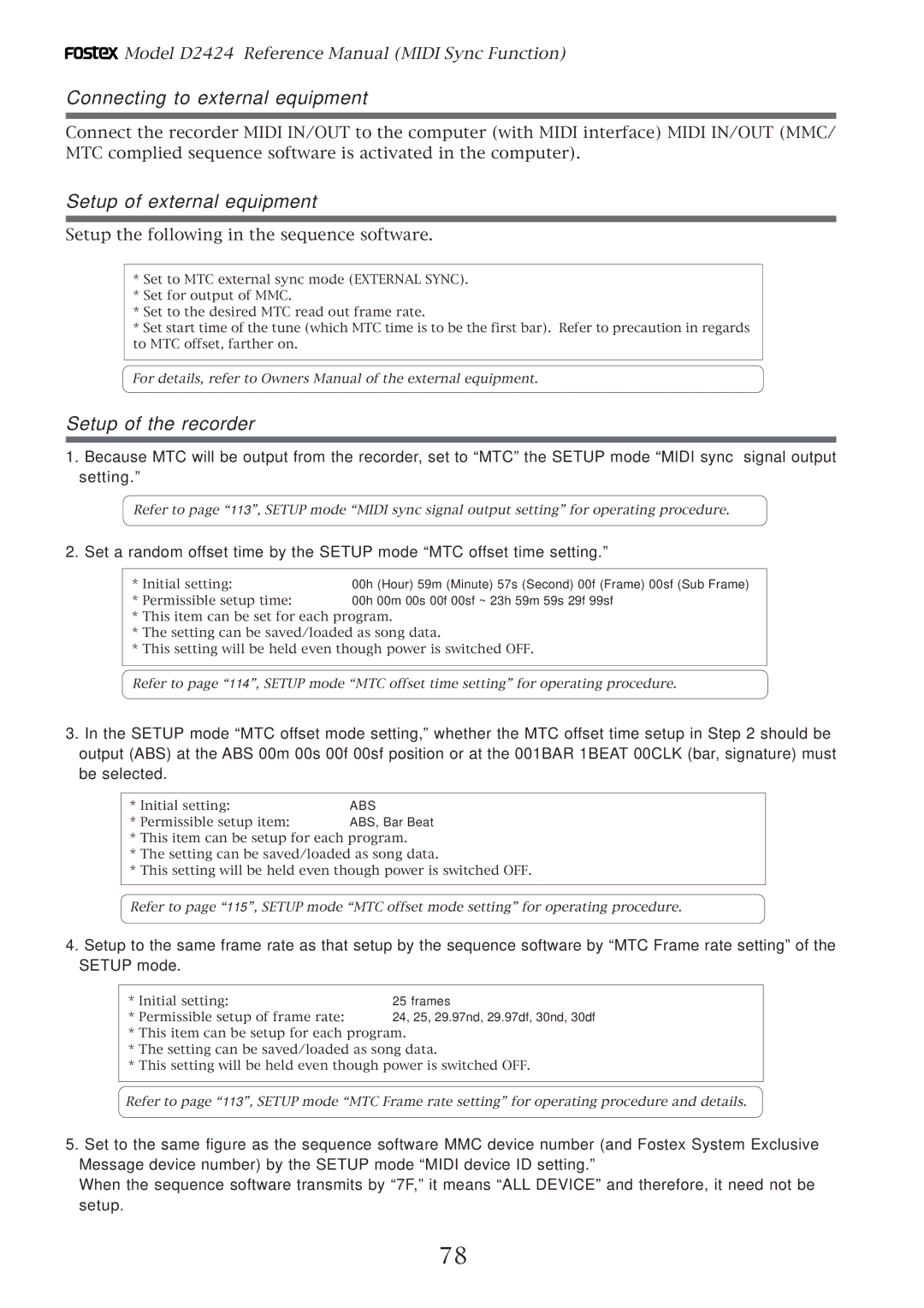 Fostex D2424 manual Connecting to external equipment, Setup of external equipment, ABS, Bar Beat, Frames 