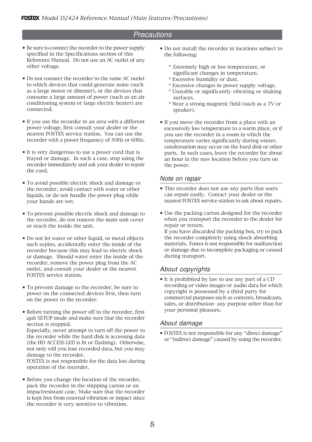 Fostex D2424 manual Precautions, About copyrights, About damage 