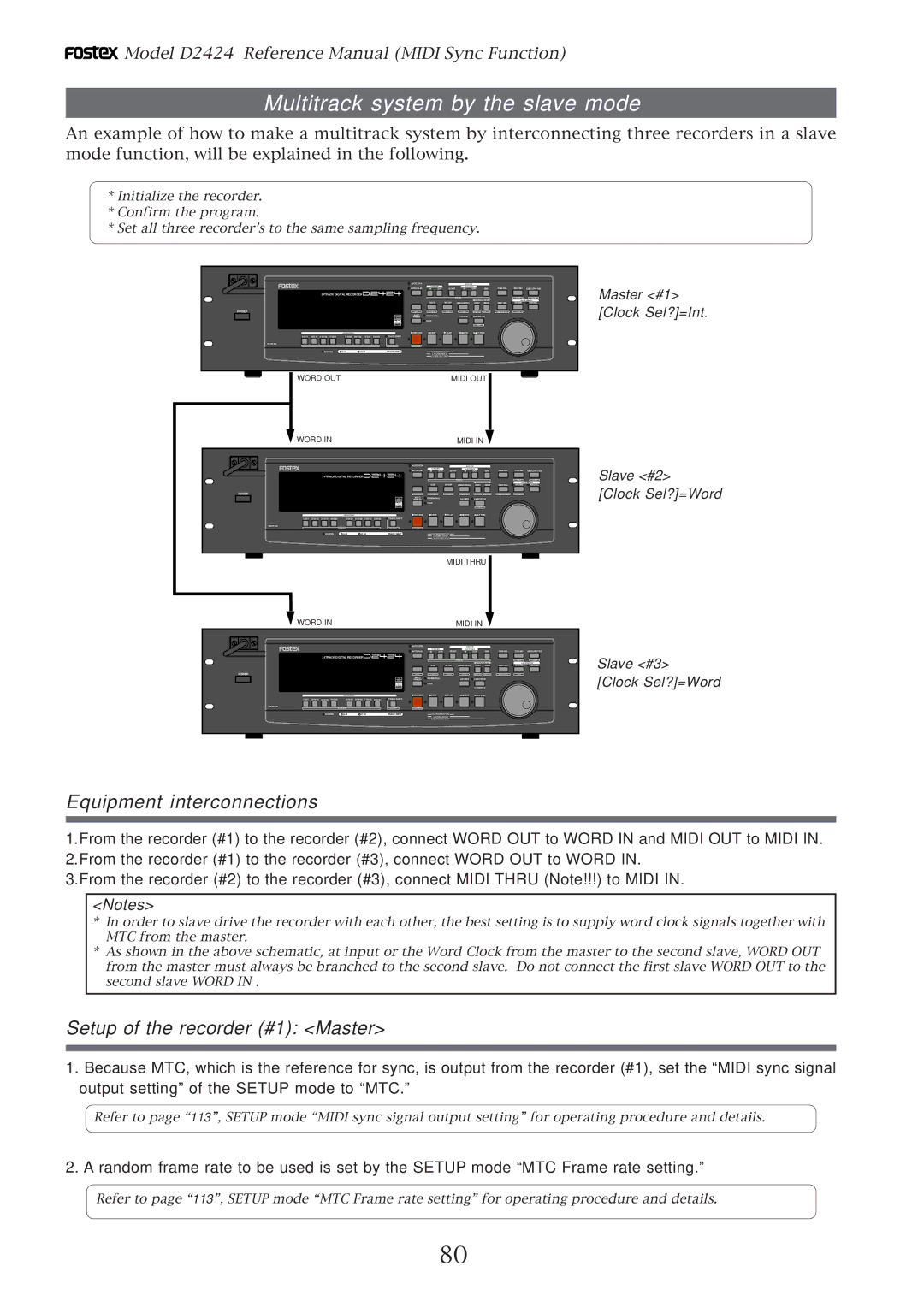 Fostex D2424 manual Multitrack system by the slave mode, Equipment interconnections, Setup of the recorder #1 Master 