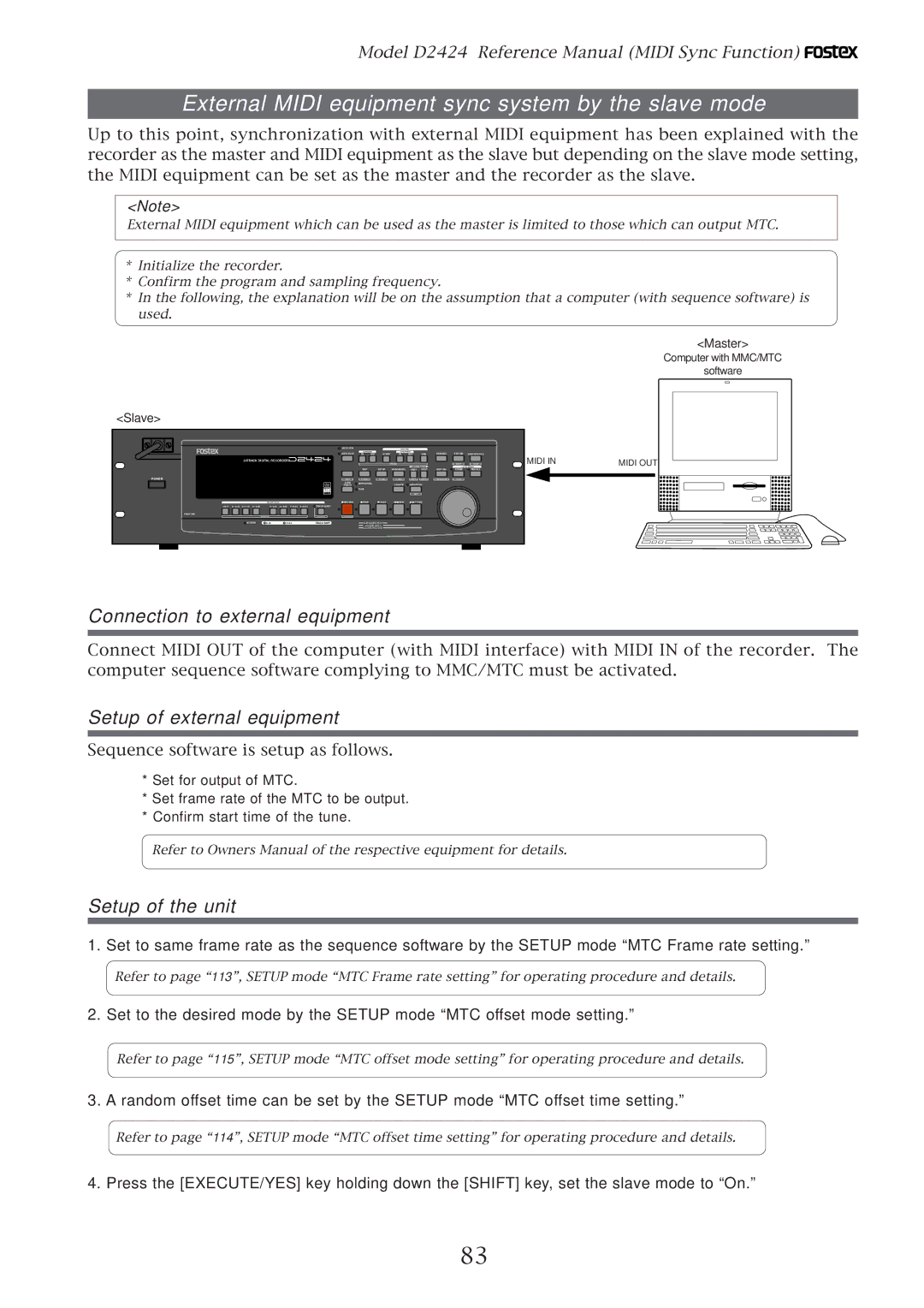 Fostex D2424 External Midi equipment sync system by the slave mode, Connection to external equipment, Setup of the unit 