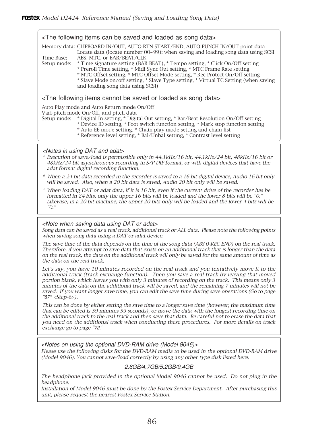 Fostex D2424 manual Following items can be saved and loaded as song data 