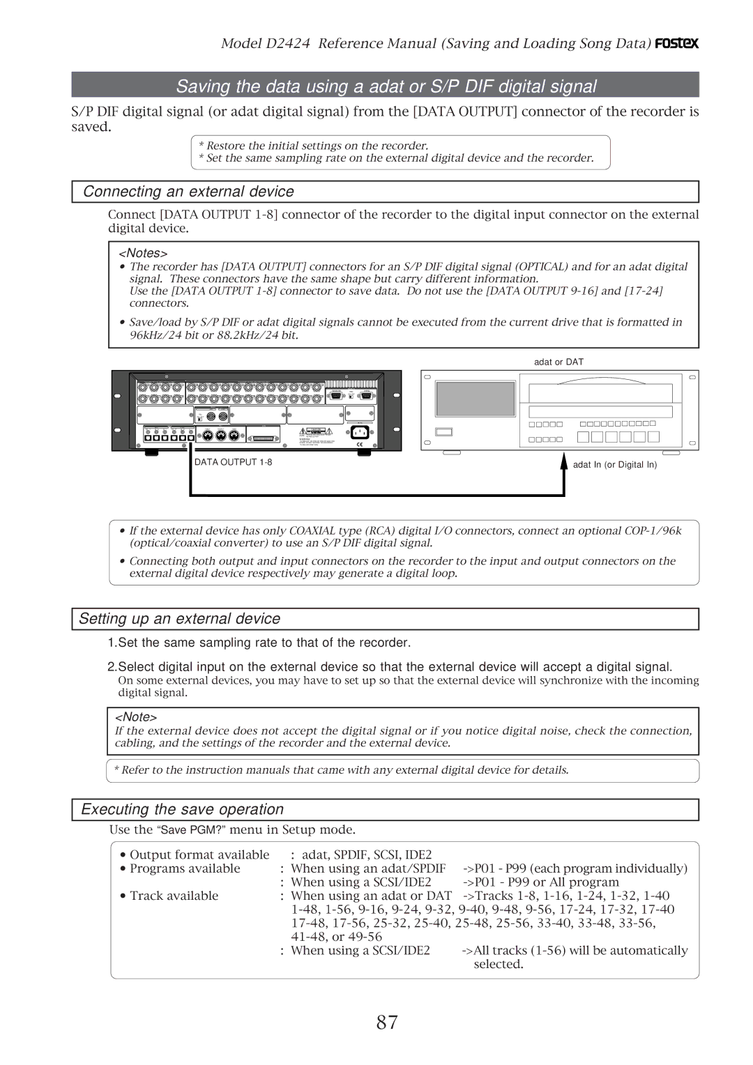 Fostex D2424 manual Saving the data using a adat or S/P DIF digital signal, Connecting an external device 