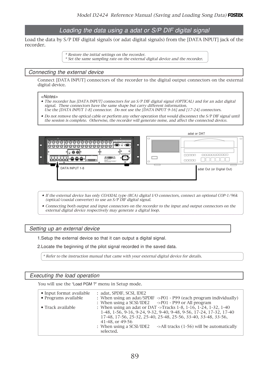 Fostex D2424 manual Loading the data using a adat or S/P DIF digital signal, Connecting the external device 