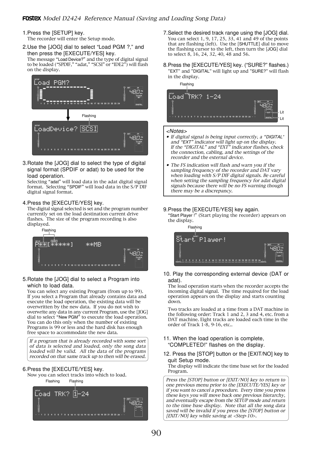 Fostex D2424 manual Press the EXECUTE/YES key. SURE? flashes, Play the corresponding external device DAT or adat 